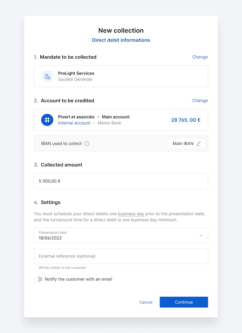 Direct debit creation interface